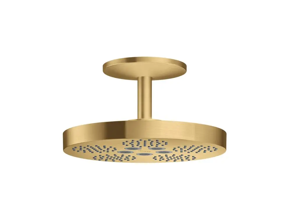 Kopfbadestrahlereinheit in gebürstetem Gold-Design mit Deckenanschluss. Ein Produkt von AXOR, geeignet für moderne Badezimmeranwendungen.